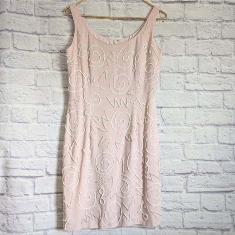 Vintage 90s Niteline Beaded Mini Dress 12 Pink White Y2K Pastel Crepe Nite Line